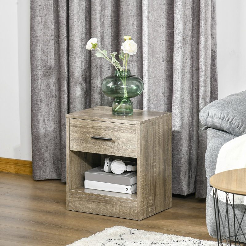 Table d'appoint, petite table de bout avec tablette de rangement et tiroir, table de chevet moderne pour chambre à coucher ou salon, grain de bois gris