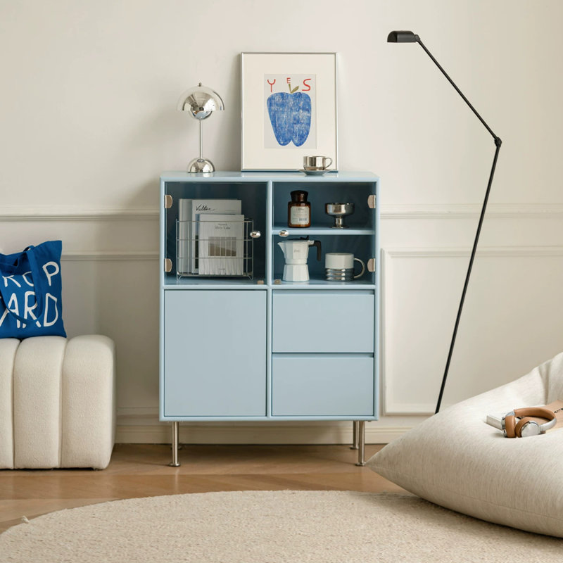 Armoire décorative moderne bleu + bois manufacturé argent + verre + acier inoxydable