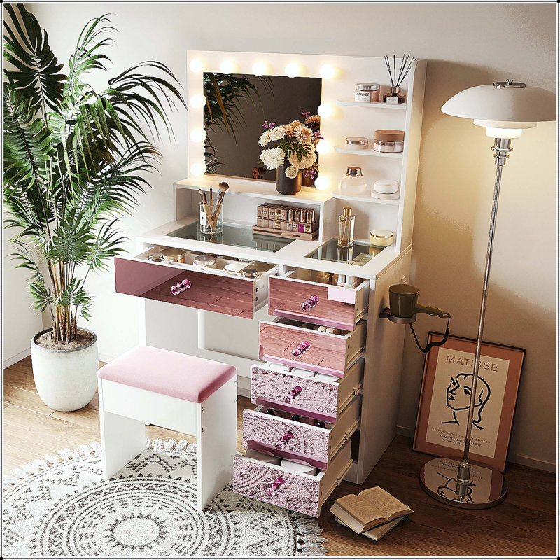 Bureau de coiffeuse avec plateau en verre et 11 ampoules Hollywood