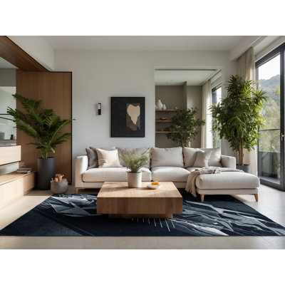 Soft Plush Oreland Susanoo Modern Geometric Area Rug in Grey – Navy Binding