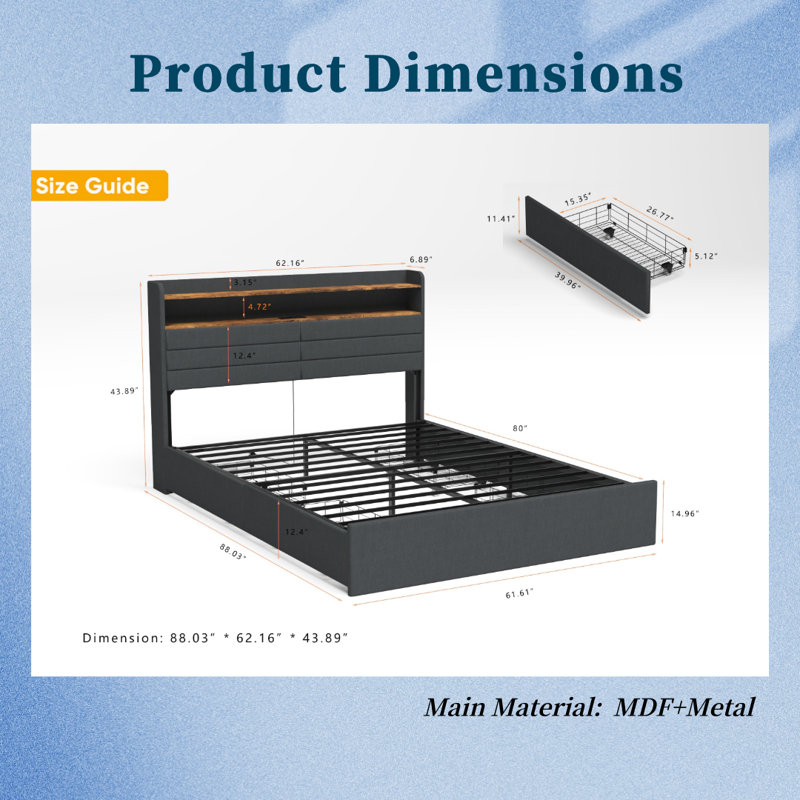 Upholstered Platform Bed with LED Lights, 4 Storage Drawers, Charging Station & Headboard Shelf, Full / Double