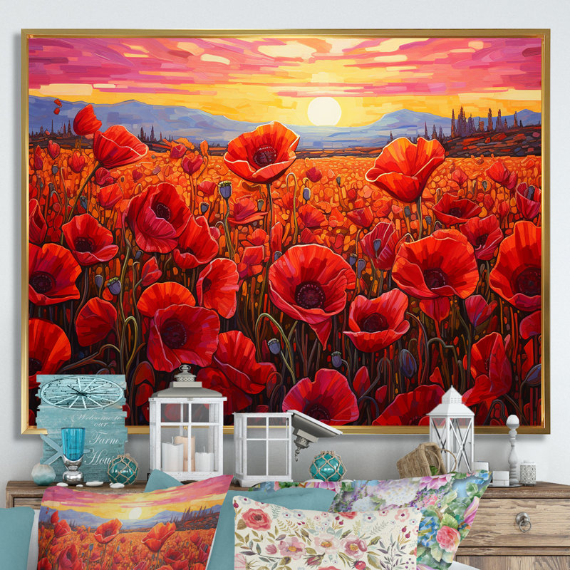 «Red Crimson Bloom Garden Serenade», reproduction sur toile, Cadre flottant doré, H 16 po x l 32 po x P 0,5 po