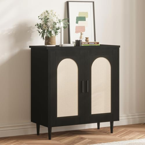 Rattan Buffet Cabinet with Storage, Sideboard Cabinet with 2 Doors and Adjustable Shelves, Black