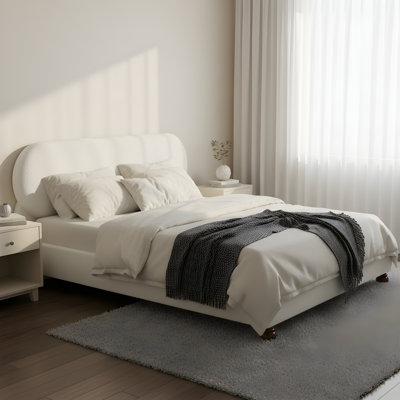 Lit tapissier crème avec pied en bois d'hévéa crème