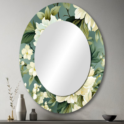 Pivoine beige et vert damas sérénité - miroir mural ovale vert