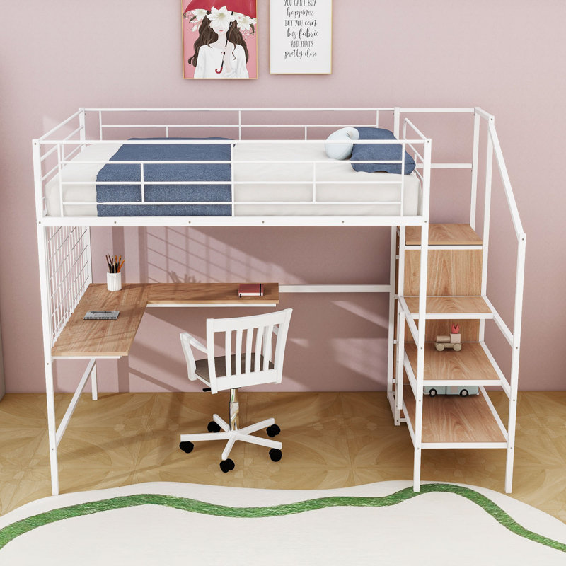 Lit mezzanine en métal avec bureau et escaliers, Double, Blanc