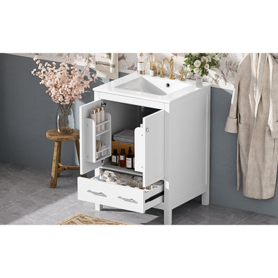 Meuble-lavabo de 24 pouces avec lavabo simple, rangement à deux portes, cloisons de tiroir, tablette double couche, système de fermeture en douceur et structure en bois pour un support solide avec portes doubles en céramique, tiroir séparateur,