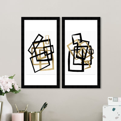 Abstrait, ensemble de formes carrées abstraites, impression sur toile dorée et métallique dorée pour le salon