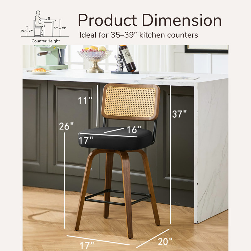 26" Swivel Counter Stool with Rattan Back and Walnut-Finish Bentwood Legs, 3, Black Faux Leather