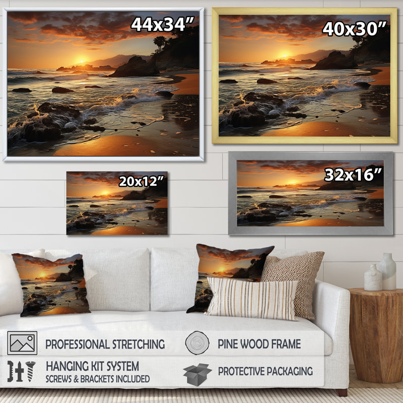 Photo de plage coucher de soleil Serenade VI - impression, Cadre simple argenté, H 30 po x l 40 po x P 1,5 po