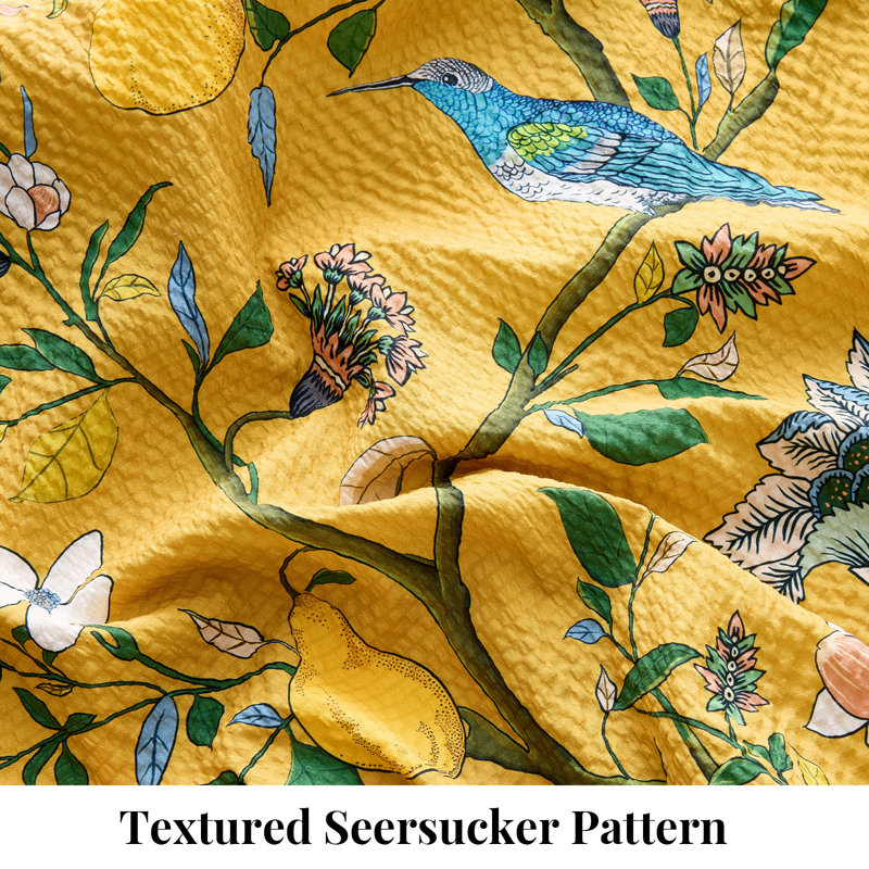 Floral Comforter Set 3 Pieces Seersucker Botanical hummingbird Patterned, Cute Bedroom Comforter and 2 Shams Suitable for all seasons