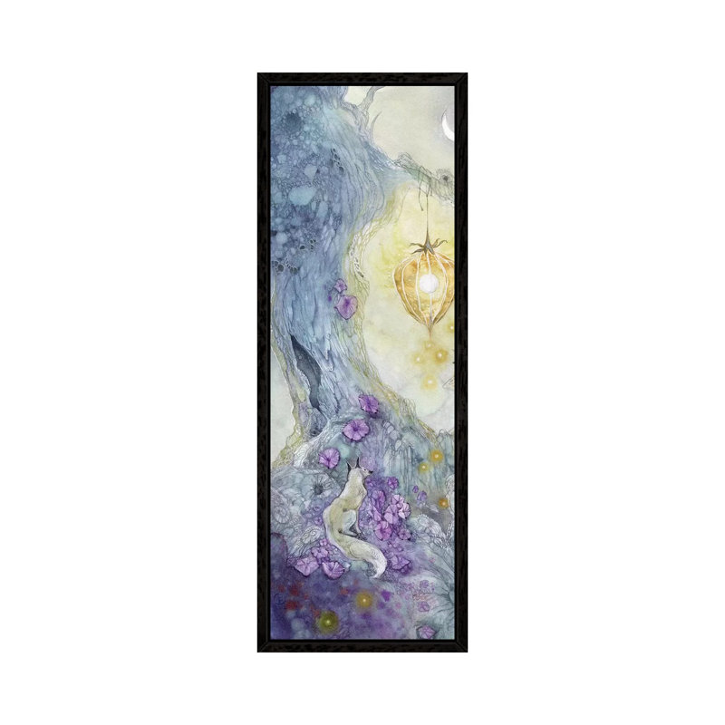 White Fox by Stephanie Law - Panoramic Painting on Canvas, 30.48 cm H x 91.44 cm W, Black Framed