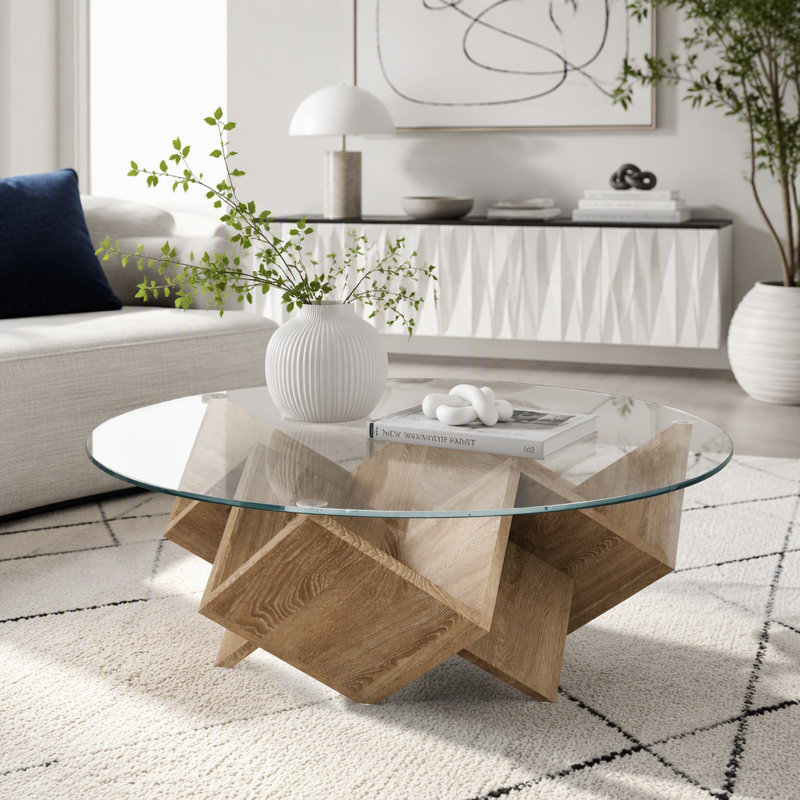 Table basse ronde avec dessus en verre et piètement géométrique abstrait Art déco, Naturel