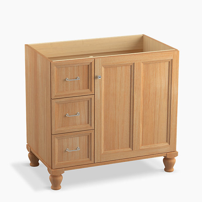Base de meuble-lavabo 36 po Damask, Chêne blanc kaki, Portes à droite et tiroirs à gauche