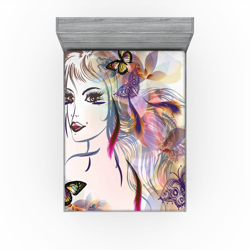Ambesonne Tale Fitted Sheet 2-Pack Butterflies with Girl Queen Multicolor, King Fitted Sheet