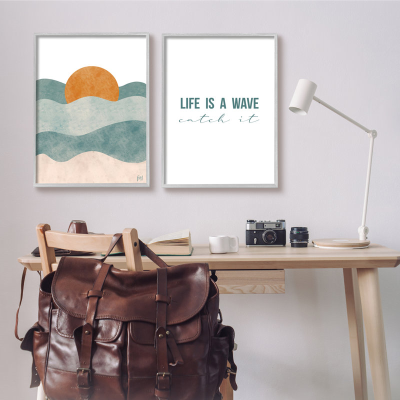 Life's A Wave Phrase Abstract Summer Sunrise Beach 2 Piece Art Graphic Art Print, 30" H x 24" W, Farmhouse Gray Framed Giclee