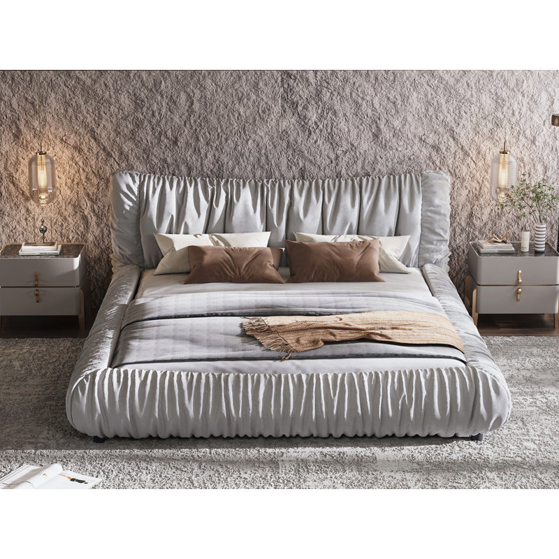 Lit plateforme tapissier avec coussin amovible, Gris clair