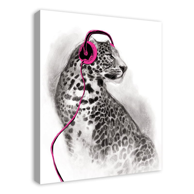 Art sur toile avec casque Leopard, H 30 po x l 24 po x P 1,25 po, Rose