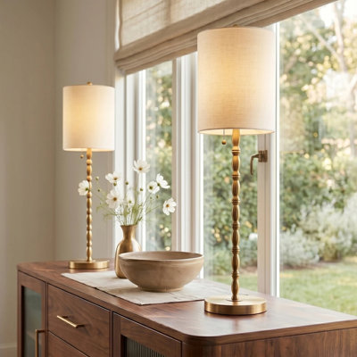Ensemble de 2 lampes de table de buffet dorées de 74 cm (29 po) avec abat-jour cylindriques en lin, lampes hautes et fines à chaînette pour salon, salle à manger, entrée et console.