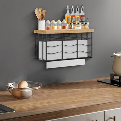 Distributeur de papier essuie-tout, porte-papier essuie-tout en métal avec couvercle en bois, distributeur de serviettes commerciales, support de papier essuie-tout à trois volets pour la cuisine de salle de bain