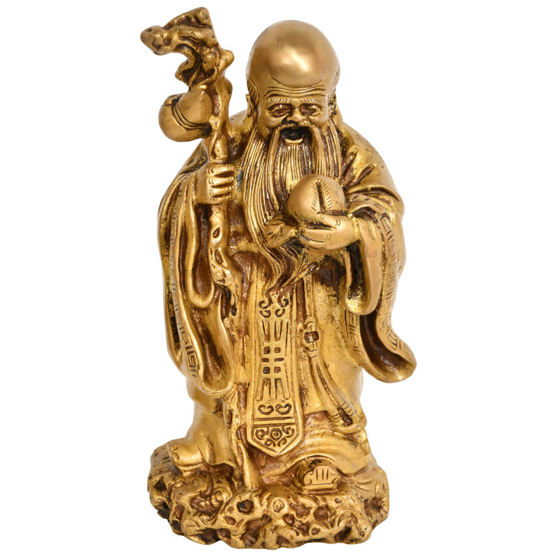 Brass Shou Longevity God Statue, 7 in. Tabletop | Chinese Deity Figurine for Home Altar & Living Room Decor