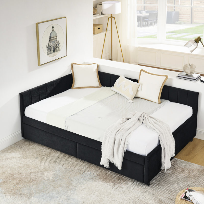 Pleine grandeur, velours, cadre de lit, design, deux tiroirs de rangement, corps de lit confortable et ajustable, lit de jour rembourré noir avec décoration de chambre à coucher et moderne pour une utilisation