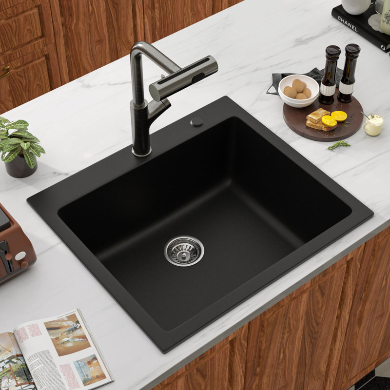 Quartz 25" x 22" Drop-in Quartz Kitchen Sink Single Bowl Kitchen Sink Granite Composite Kitchen Sink, Black