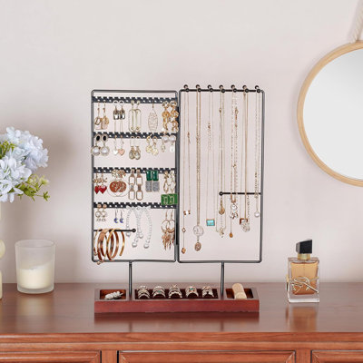 Organisateur de bijoux, porte-boucles d'oreilles, porte-boucles d'oreilles à 6 niveaux, porte-colliers et porte-bracelets avec plateau à bagues en bois amovible pour femmes filles - noir