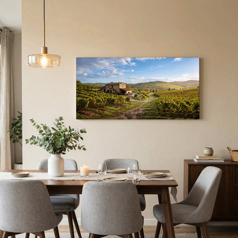 «Rustic Stone Farmhouse in Golden Vineyard Fields», art mural sur toile, L 58 po x H 28 po