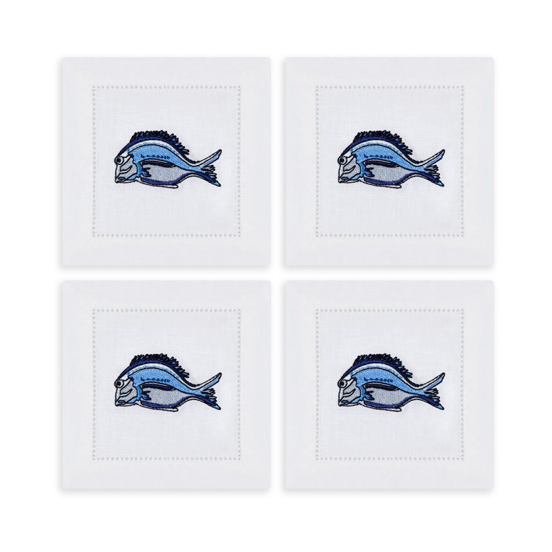 Marine Motif Embroidered Linen Cocktail Napkins