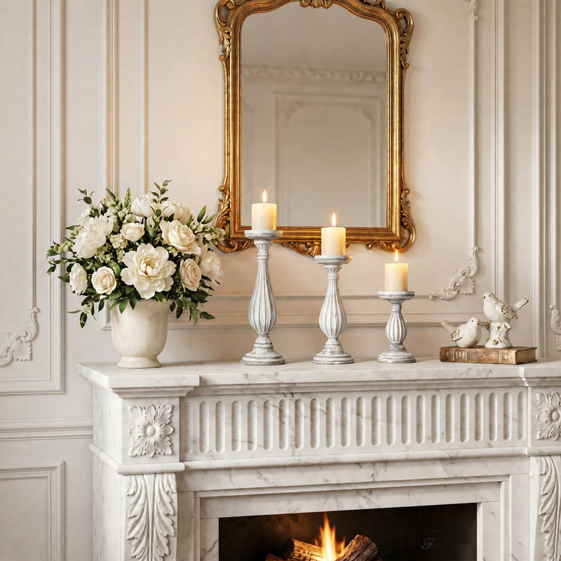 Ensemble de 3 porte-bougies en bois, ensemble de chandeliers sur colonne sculptés de style campagnard français, chandelles en résine patinée blanchie pour manteau et table