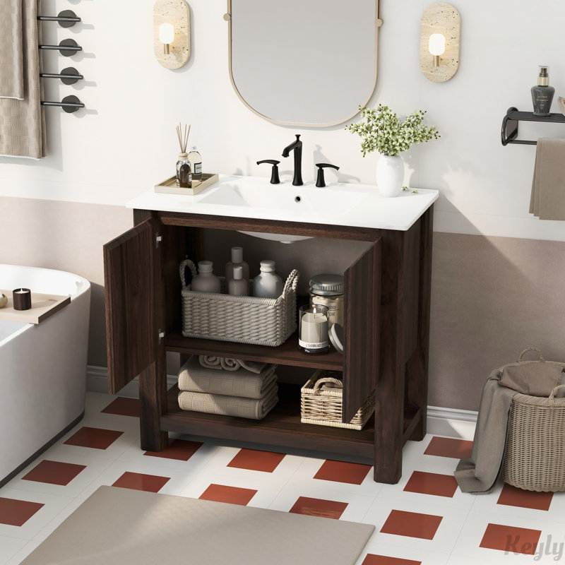 Meuble-lavabo moderne 36 po avec lavabo rectangulaire en céramique, Marron antique