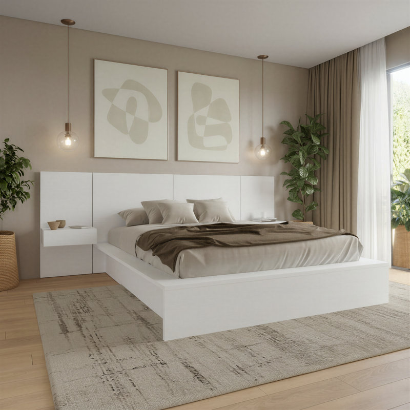 Ensemble de chambre à coucher 3 pièces avec tables de chevet flottantes James, Blanc, Roi