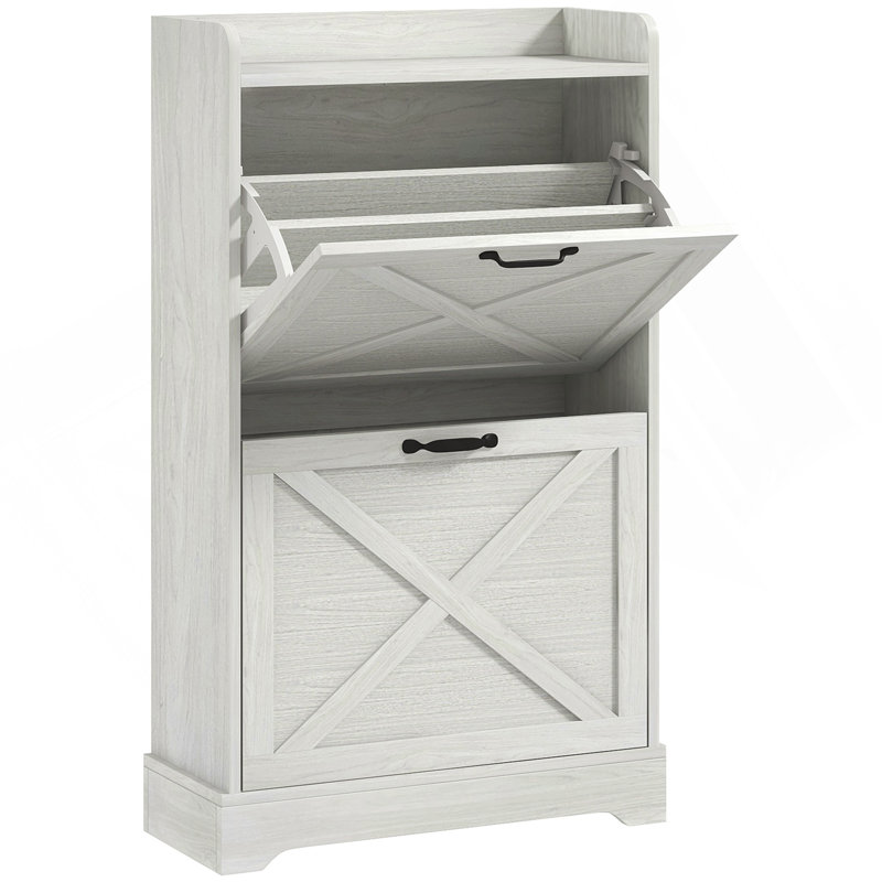 Slim Shoe Cabinet For Entryway, Farmhouse Hidden Shoe Storage Cabinet With 2 Flip Drawers And Adjustable Shelves For 8 Pairs Of Shoes, Distressed White
