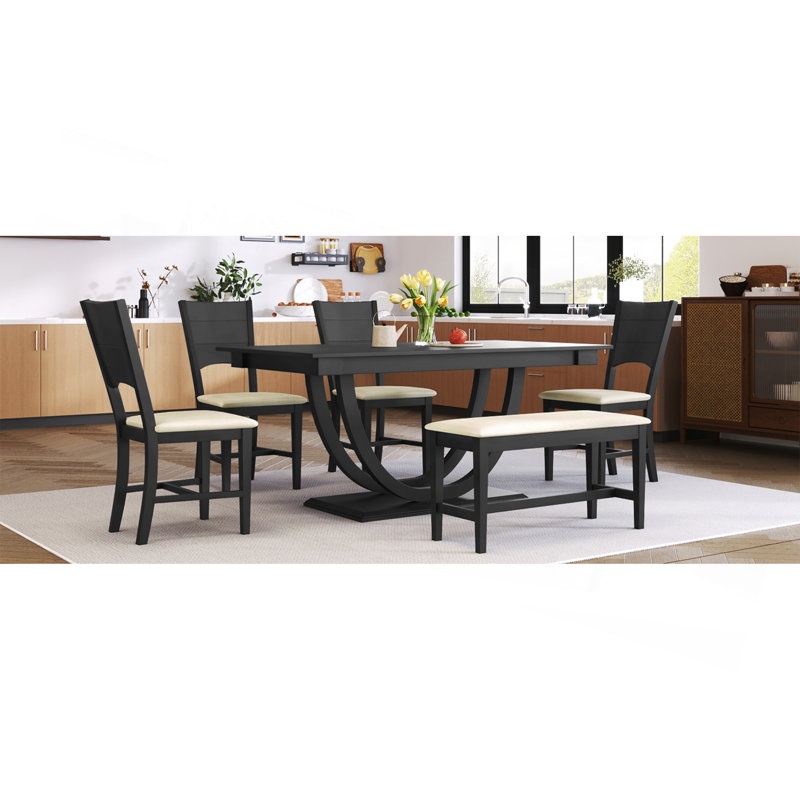 Ensemble de 6 tables de salle à manger en bois 6 pièces avec banc long et 4 chaises, style moderne, gris, Black