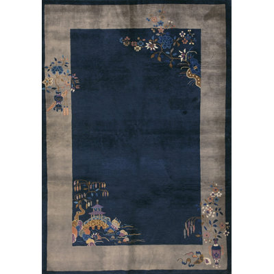 Antique Blue Field Gray Border Classic Chinese Art Deco Design Rug