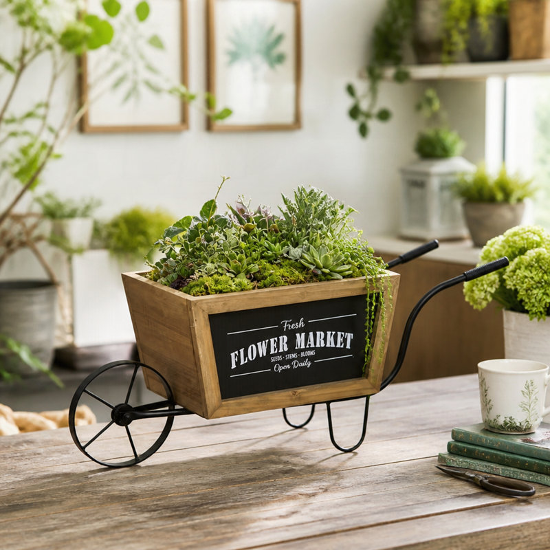 19.5x7.9x8.3" Wooden Wheelbarrow Planter with Iron Frame