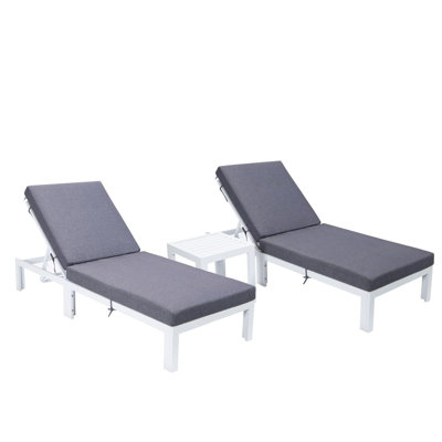 Leisuremod Chelsea Modern Outdoor White Chaise Lounge Chair Set Of 2 With Side Table & Cushions by LeisureMod
