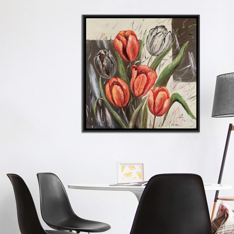« orange tulipes », impression sur toile, H 26 po x l 26 po x P 1,5 po, Toile avec cadre noir, Pas de tapis