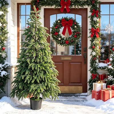 Arbre de Noël en cèdre artificiel 5 pi avec lumières, arbre de Noël en pot, faux cèdre pré-éclairé pour la maison, le bureau, le vestibule, le porche et les décorations de Noël
