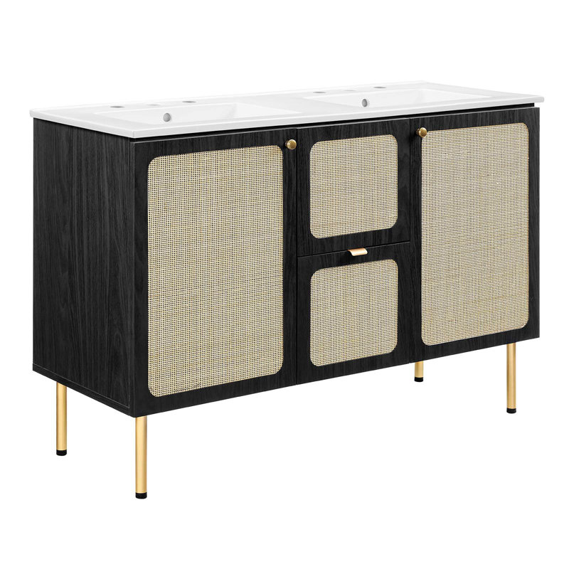 Modway Chaucer 48'' Double Bathroom Vanity with Wood Top, Black/Gold, White