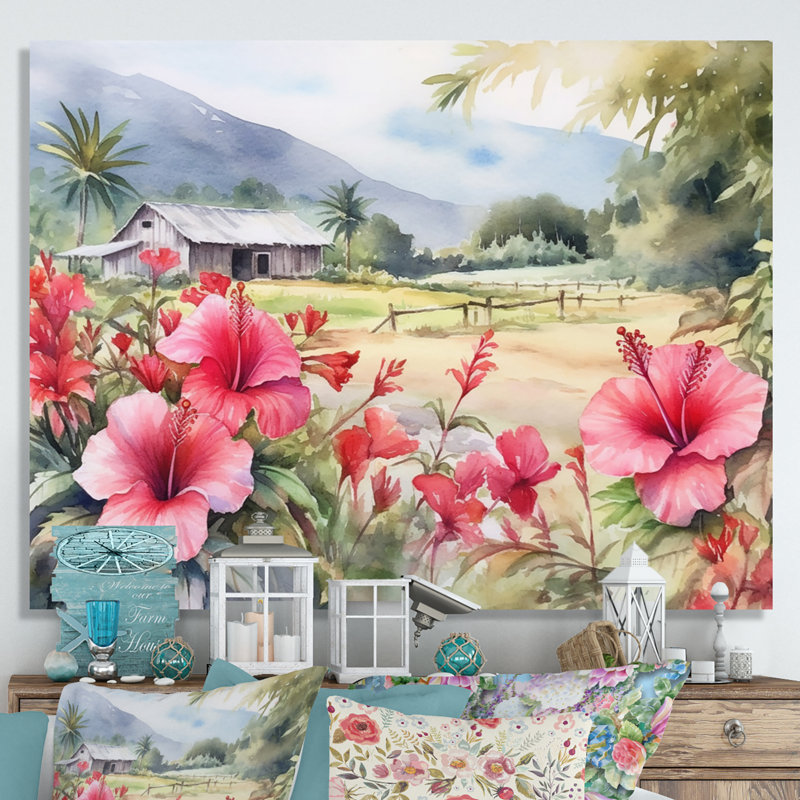 Hibiscus rose, vert, harmonie tropicale II sur toile, Toile tendue, H 34 po x l 44 po x P 1 po