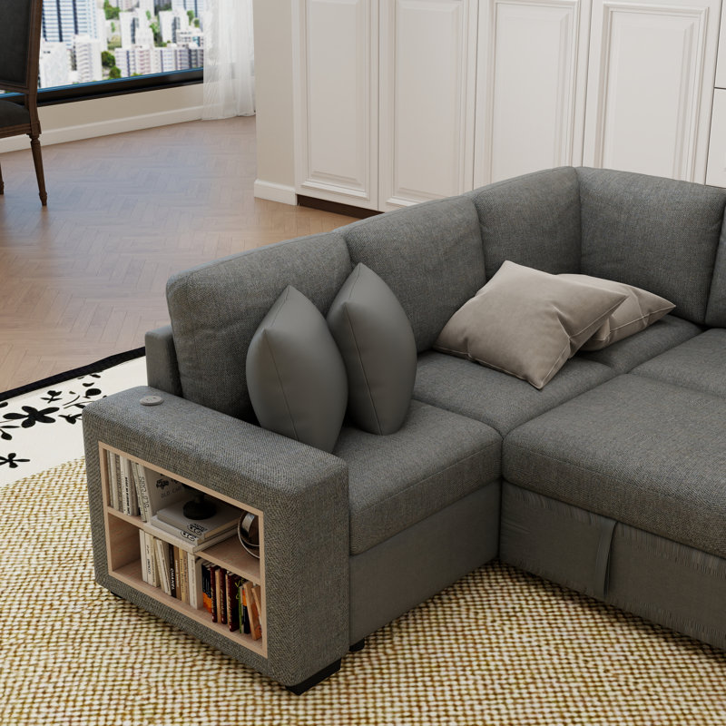 Canapé-lit modulaire de 109 po en forme de U avec escamotable, deux ports USB, un espace de rangement et quatre coussins de dossier pour le salon