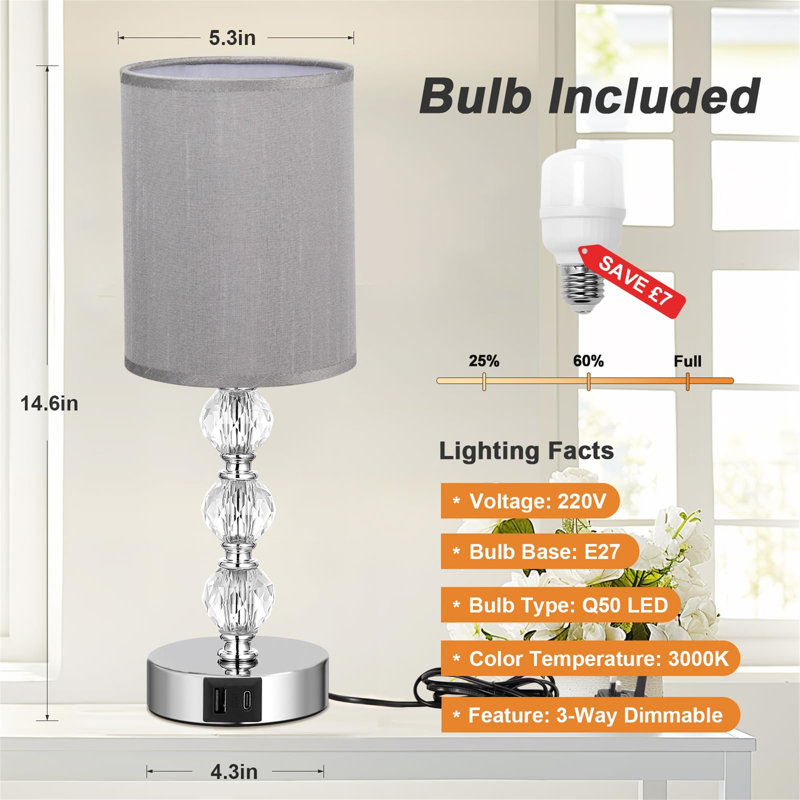 Touch Table Lamp, Crystal Bedside Lamp With 3-Way Dimmable, Small Bedside Lamp With USB C+A Charging Ports, Bedroom Lamp With Fabric Lampshade For Living Room