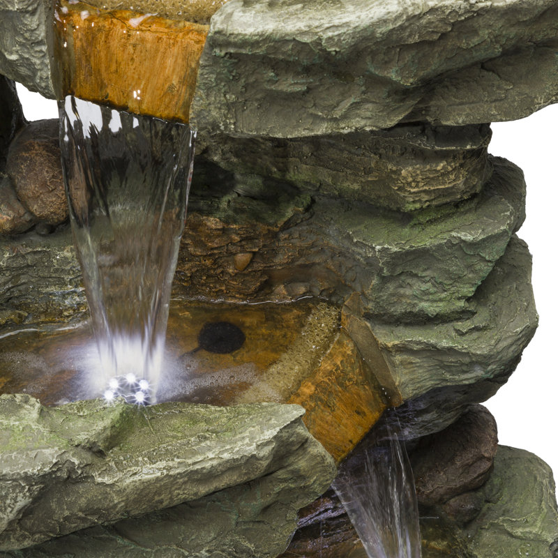 Cascading Stone Tower Water Fountain With LED Lights, 39", Gray