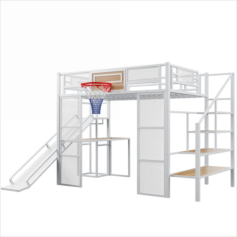 Multi-functional Full Size Loft Bed, Space-Saving Compact White Finish Metal and MDF Bed Frame