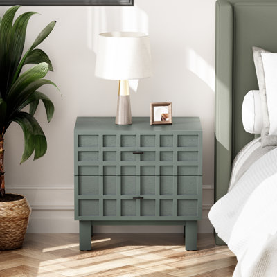 Domhnall Modern 2 Drawer Nightstand With Grid Carved Pine Front by Ebern Designs