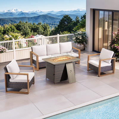 Aldiana 4-Piece Outdoor Conversation Set With Fire Pit Table, 5-Person Patio Seating Group With Sofa And Armchairs