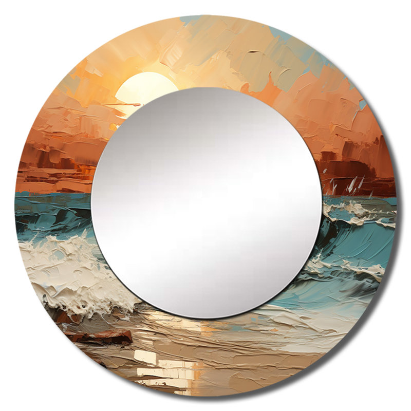 Bold Beach Sunset Scenery I - Coastal Sunset, grand miroir mural rond rouge, reproduction d'art en métal, 29 po x 29 po