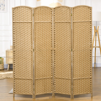 Paravent 4 panneaux pliable, paravent de 5,6 pi de hauteur pour le bureau à domicile, chambre à coucher. Style tissé à la main avec aspect bois naturel. Partition polyvalente dans n'importe quelle pièce. Structure et sangles en polypropylène. Léger, facile